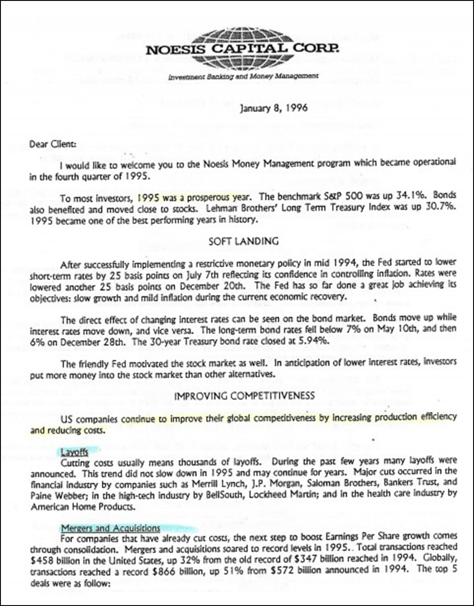 First Newsletter Noesis Capital 1996